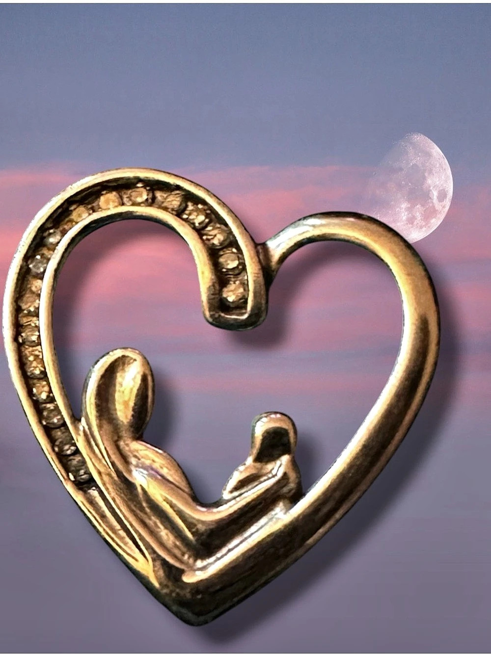 Heart Pendant Mother and Child 925 Silver with Diamonds